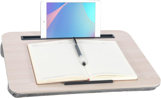 Portable Laptop Desk Fits Up to 16“ Laptops, with Tablet Slot, Built-in Cushion, Great for Home & Office,Lap Desk for Laptop,Lap Desk with Cushion (Light Wood, Medium)