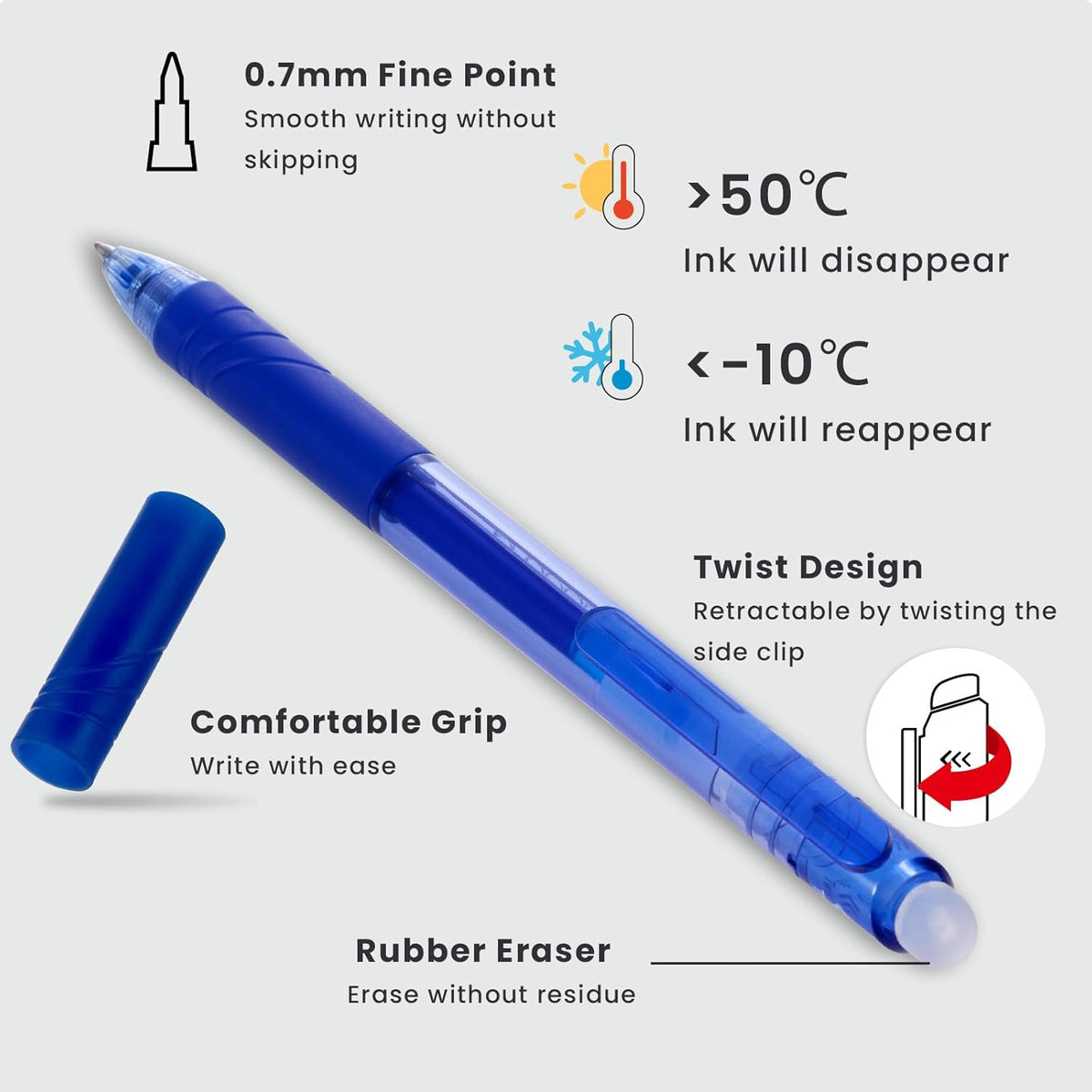 ParKoo Retractable Erasable Gel Pens 0.7mm, 12 Blue Twist Pens Fine Point, Make Mistakes Disappear, Smooth Writing with Comfortable Grip for Journaling Drawing Note Taking