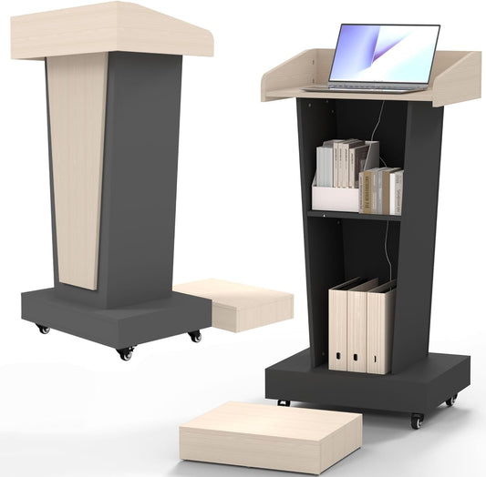 Wooden Podium Stand with Wheels, Stool and 2 Tier Storage, Lectern Presentation Church Classroom, 16MM Wood Board with Heavy Base (Black/Beige)