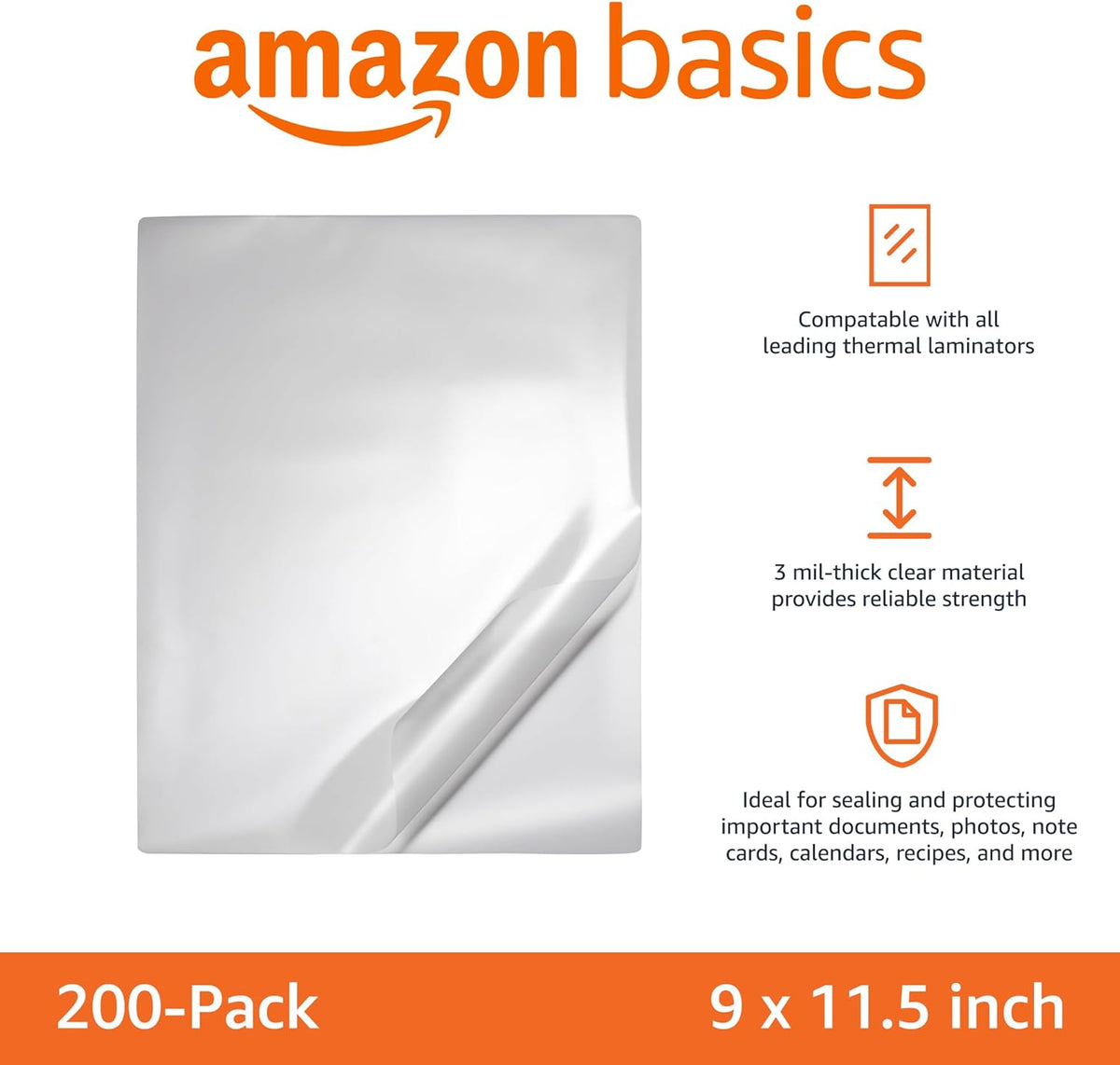 Amazon Basics Clear Thermal Laminating Plastic Paper Laminator Sheets, 9 x 11.5-Inch, 200-Pack, 3mil