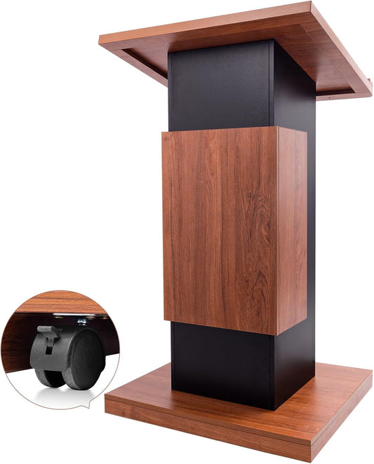 47"Portable Wooden Podium, Wooden Lectern Podium Stand, Reserved Wire Hole, Lockable Wheels, Design with Storage, Standing Wooden Pulpit for Church Office School Home Conference Restaurant Meeting