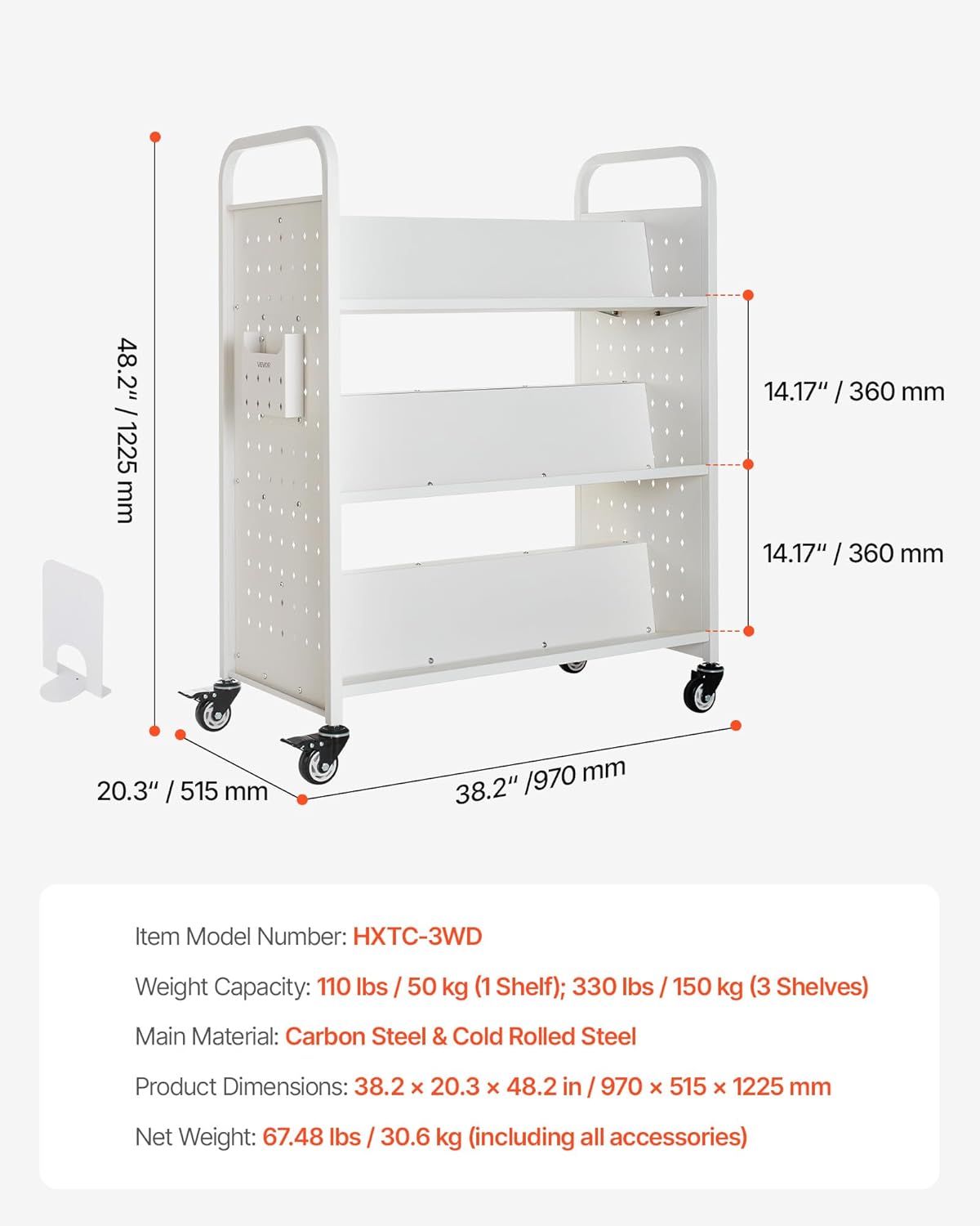 VEVOR Rolling Library Book Cart, 330 lbs Capacity, 38.2 x 20.3 x 48.2-Inch Library Cart, Double Sided W-Shaped Shelves with 3-Inch Lockable Wheels, Book Truck for Home Shelves Office and School, White
