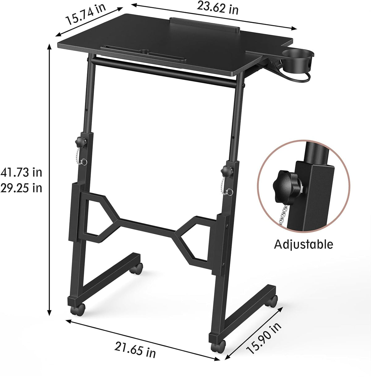 Small Standing Desk with Wheels, Portable Treadmill Desk, Rolling Desk Adjustable Height for Laptop, Mobile Standing Table for Walking Pad, Bedside Table