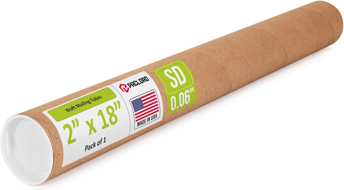 2" x 18" Reinforced Kraft Paper Mailing Tube, Pack of 1 Tube with 2 Caps – Secure USPS Approved Poster Tube – Cardboard Tube for Shipping and Storing of Posters, Prints, Artwork, or Documents