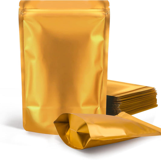 100 Pack Resealable Stand Up Bags,4.7" x 7.9" Smell Proof Pouch Sealable Foil Pouch Bags for Packaging (Gold)