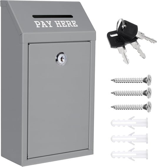 Metal Donation Box Collection Safe Suggestion Box with Lock Wall Mounted Mailbox Delivery Ballot Case Key Drop Case for Home Office Outdoor Door (Grey, 10.24 x 5.71 x 2.95 Inch)