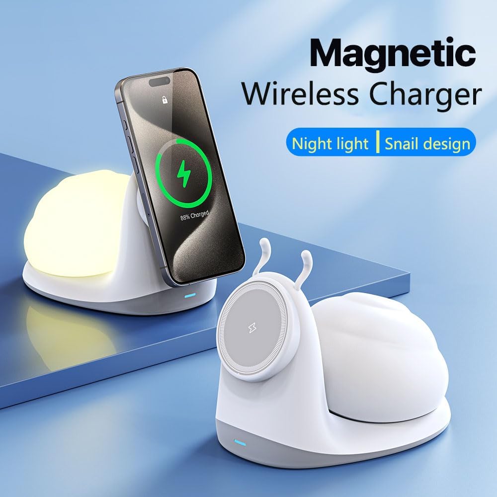 Cell Phone Magnetic Wireless Charger,Add Rechargeable Cute Snail Night Light for, 3 Level Dimmable, Suitable for Office and Room