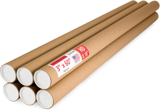 3" x 60" Heavy-Duty Reinforced Cardboard Mailing Tube, Pack of 6 Tubes with 12 Caps – Secure USPS Approved – Great for Shipping and Storing of Prints, Artwork, Posters or Documents