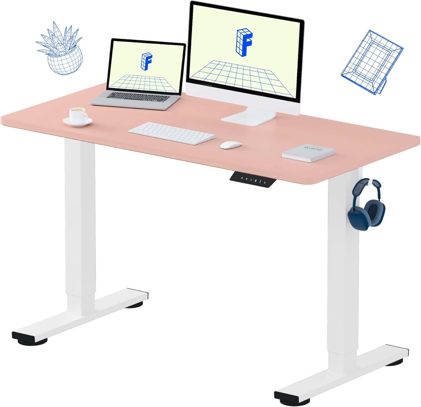 FLEXISPOT EN1 One-Piece Standing Desk, 48 x 24 Inches Electric Height Adjustable Desk for Home Office (White Frame + Pink Desktop)