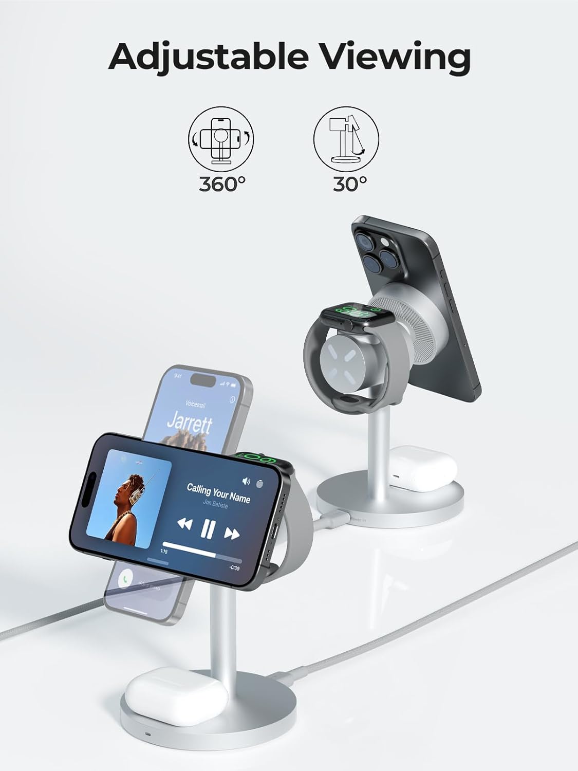 MagFusion 3-in-1 Charging Station Compatible with MagSafe, Qi2 Certified 15W Wireless Charger Stand, Magnetic Charger for iPhone 17/16/15/14/13/12 Series, Apple Watch, AirPods, Silver