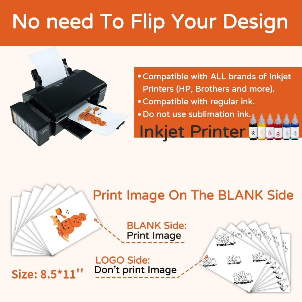 TranSmile PU-Heat Transfer Paper for T Shirts (50 Sheets, 8.5 x 11'') Printable Heat Transfer Vinyl for Dark Fabrics Iron on Transfers for Inkjet Printer (D-50)