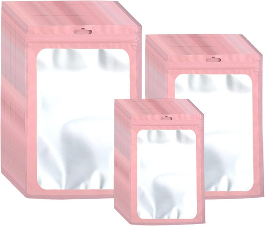 300 Pack 3 Sizes Resealable Mylar Bags Food Storage Smell Proof Bags with Front Window Packaging Pouch for Sample Snack Cookies Jewelry (Pink, 3 x 4.7 inch,4 x 6 inch,4.7 x 7.9 inch)