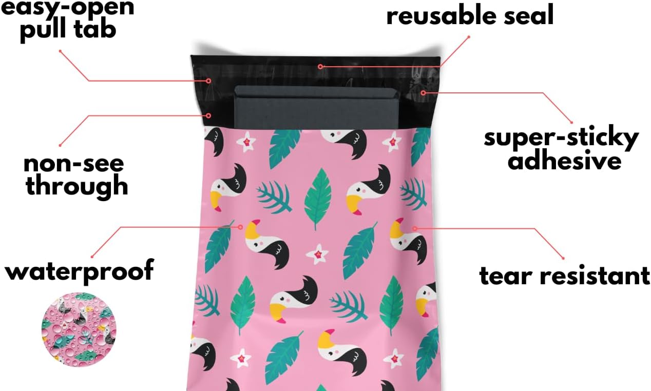 Poly Mailers 10x13 100 Pack | Self-Sealing Shipping Bags Envelopes for Small Business | Waterproof Durable Packaging | Tucan | Tropical Bird Pink Green Floral | à la mode Mailers