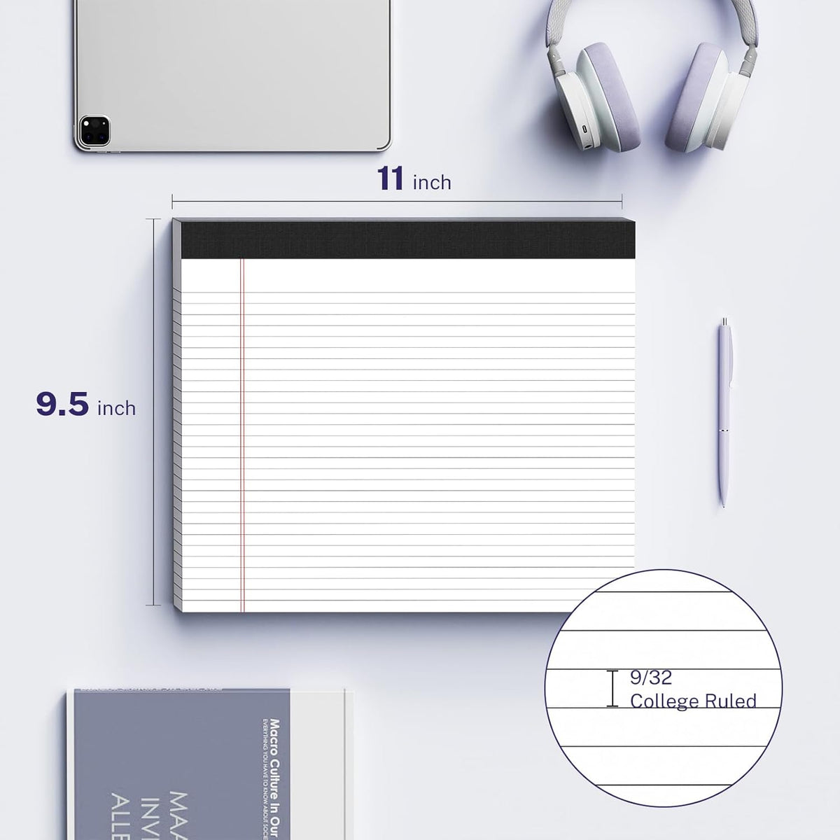 5 Pack Wide Legal Pads 11" x 9.5" Landscape White Pink Purple Blue Green College Ruled Note Pad Narrow Ruled 30 Sheets per Notepad Perforated Writing Paper Thick Backboard Horizontal Pads of Paper