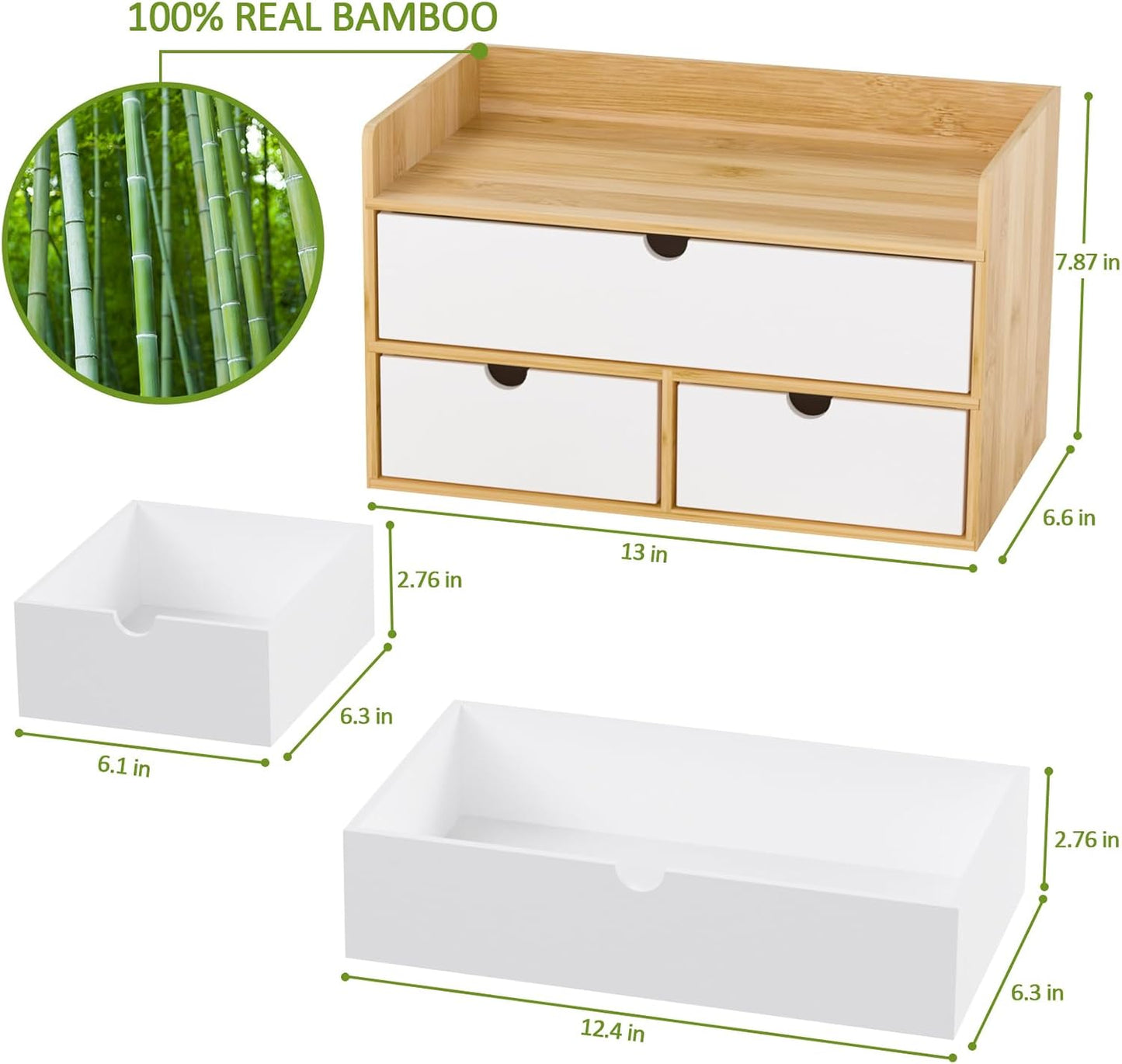 Wisuce Desk Organizer with Drawers - Bamboo Desktop Organizer Storage | Natural-White Wood Desk Drawers Organizer for Bills, Office Supplies, Cosmetics, Seals No Assembly Required