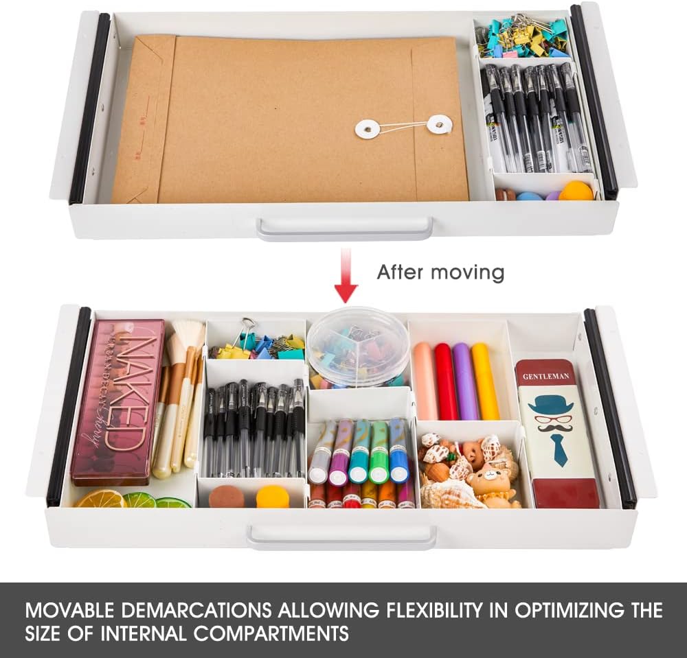 Large Size Under Desk Slide out Pencil Drawer White with Adjustable Space Divider Design for Storing Pencil and Office Accessories, Underdesk Pull out Tray Organizer Mounted for Sit Stand Workstation