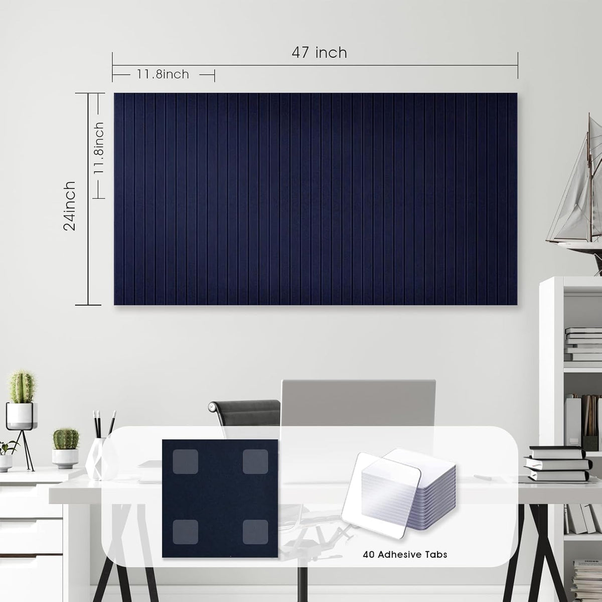 Large Cork Board for Office,8 Pack Felt Wall Tiles with Slat Wall Paneling,Felt Bulletin Board Pin Board Cork Boards for Walls - Dark Blue