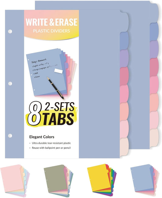 Sooez 8 Tabs Long-Lasting Plastic Write & Erase Large Tabs Dividers for 3 Ring Binder, Aesthetic Cute Pastels Binder Dividers for Student, Teacher, Office, Home Organizers, 2 Sets, Muted