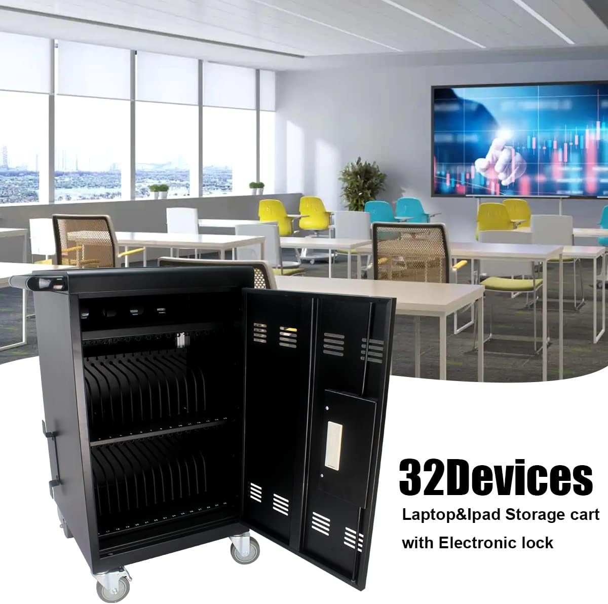 32 Device Charging Cart with Combination Lock, Laptop and Tablet Mobile Charging Cabinet for Up to 16.3" Devices with Cord Management, Desktop Charging and Storage Locker for Classroom or Office.Black