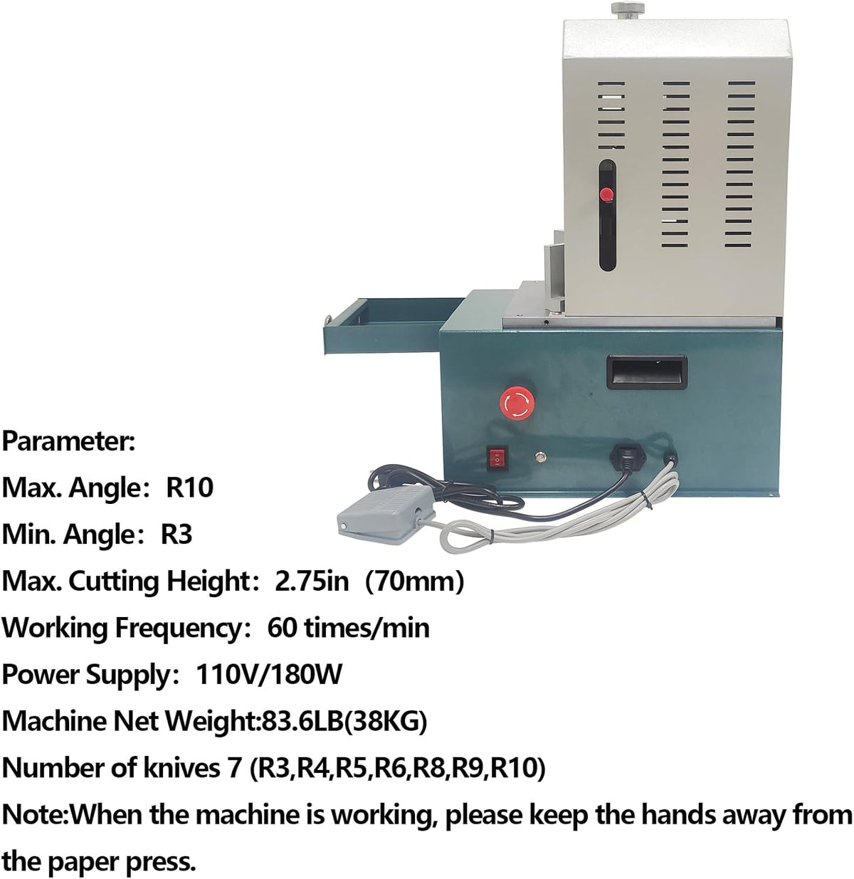 Electric Corner Round Cutting Machine with Foot Switch Electric Corner Rounder with R3 R4 R5 R6 R8 R9 R10 Seven Kinds of Knives for Name Card Notebook PVC 110V 180W
