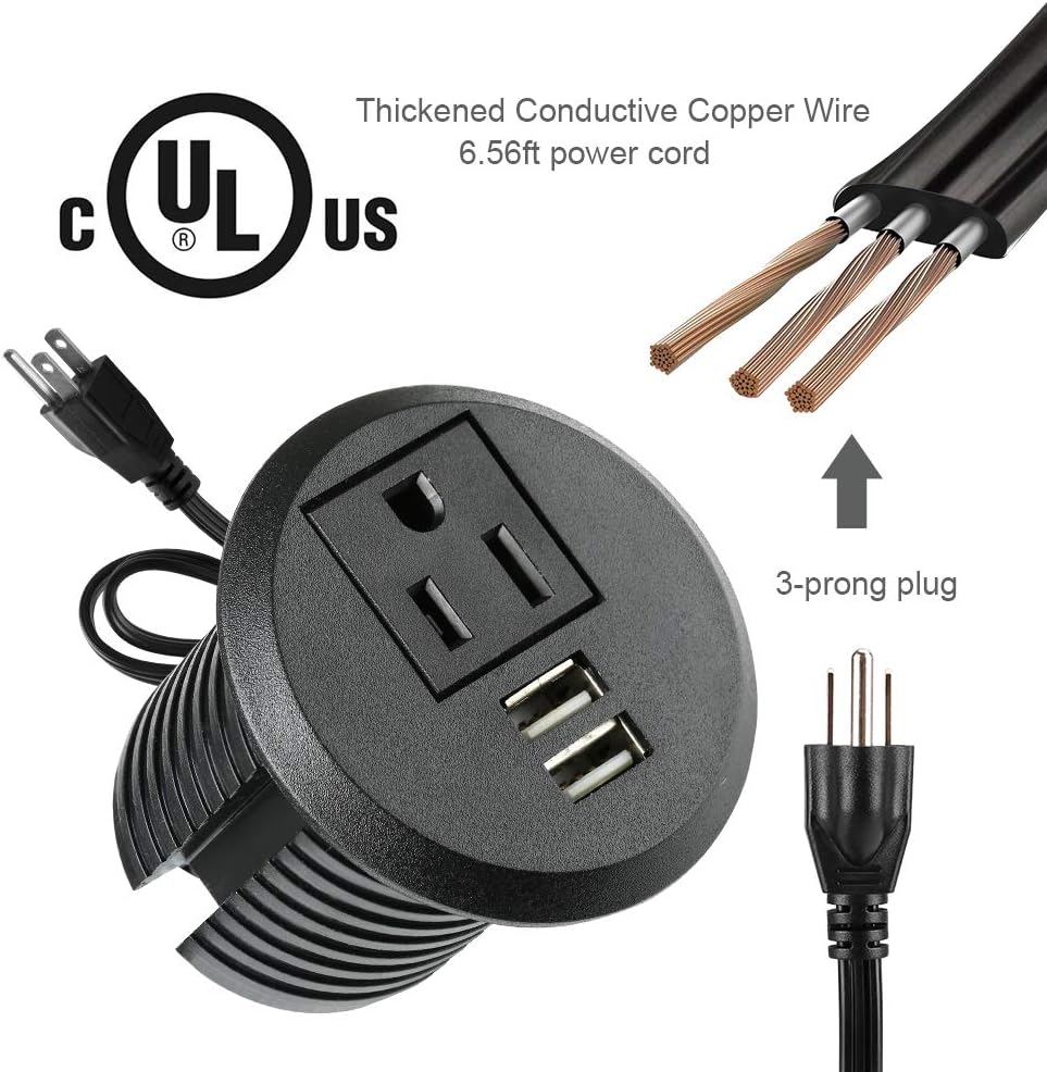 Desktop Power Grommet,2inch Hole Table Power Grommet Outlet with 2 USB Charging Ports,6.5ft Extension Cord Desk Power Strip with 1 Outlets for Computer,Table, Kitchen, Office,Home,Hotel and More