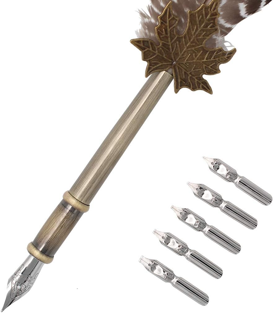 Gullor Quill Handcraft Feather Dip Pen Stem Metal Nib Pen Writing Quill with 5 Extra Nibs, Style C