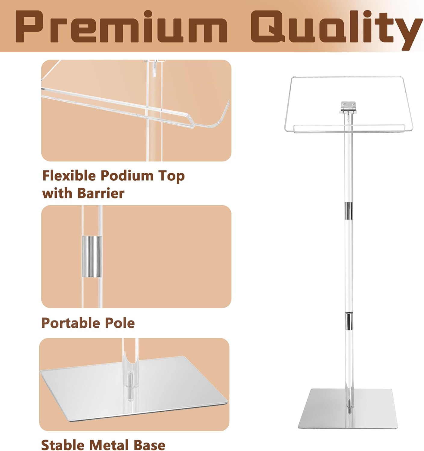 Podium Stand, Lecterns & Podiums, Acrylic Adjustable Angles with Metal Base, Podium for Church, Weddings, Classroom, Speech, 16" L x 12" W x 42.5" H (Clear)