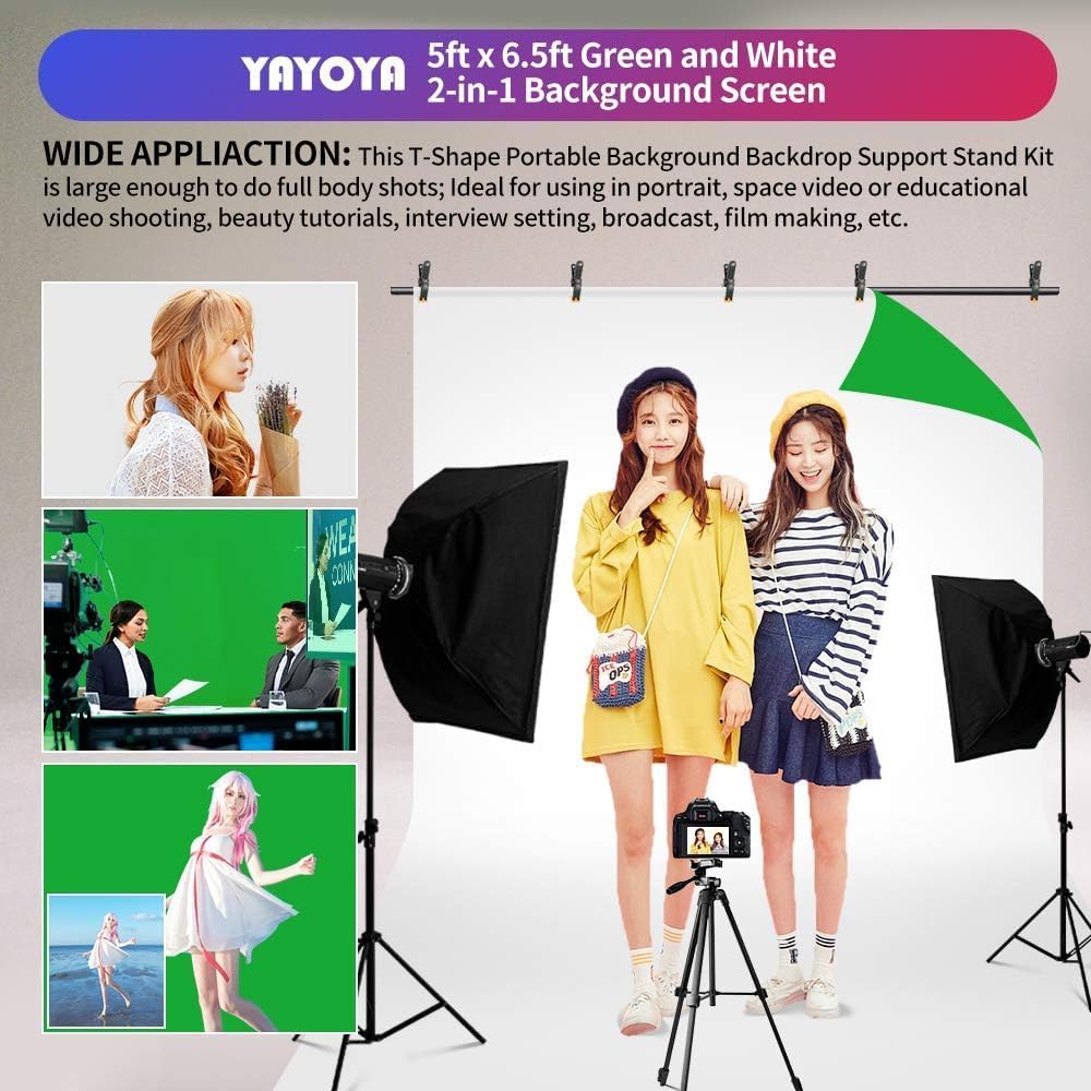 2-in-1 White Green Screen Backdrop Stand Kit, 5x6.5 ft Greenscreen Background with Stand for Streaming, Zoom, Photography with Clips & Carrying Bag