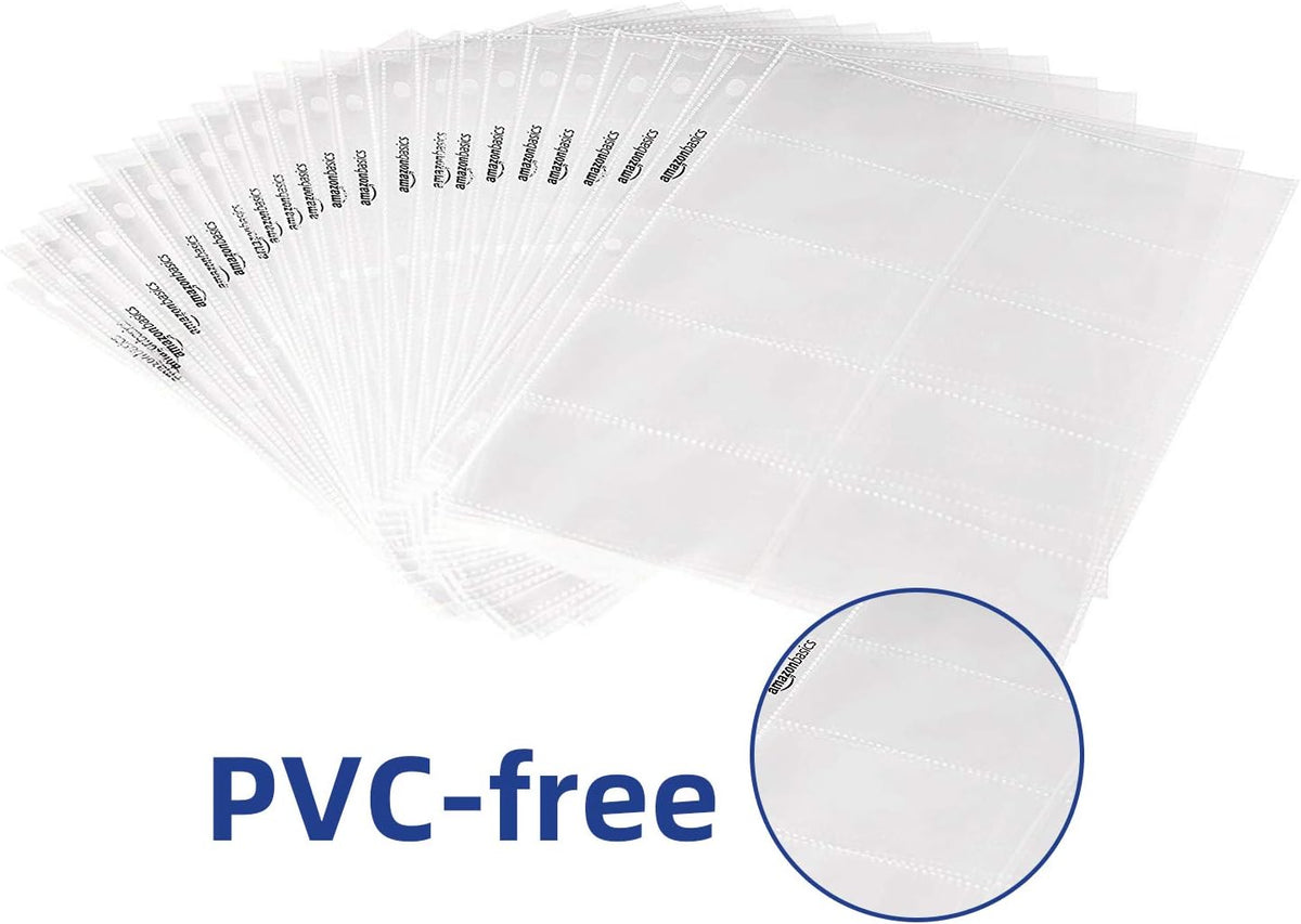 Amazon Basics Plastic Business Card Holder, Protector Sleeves for 3-Ring Binder, Transparent, 25-Pack