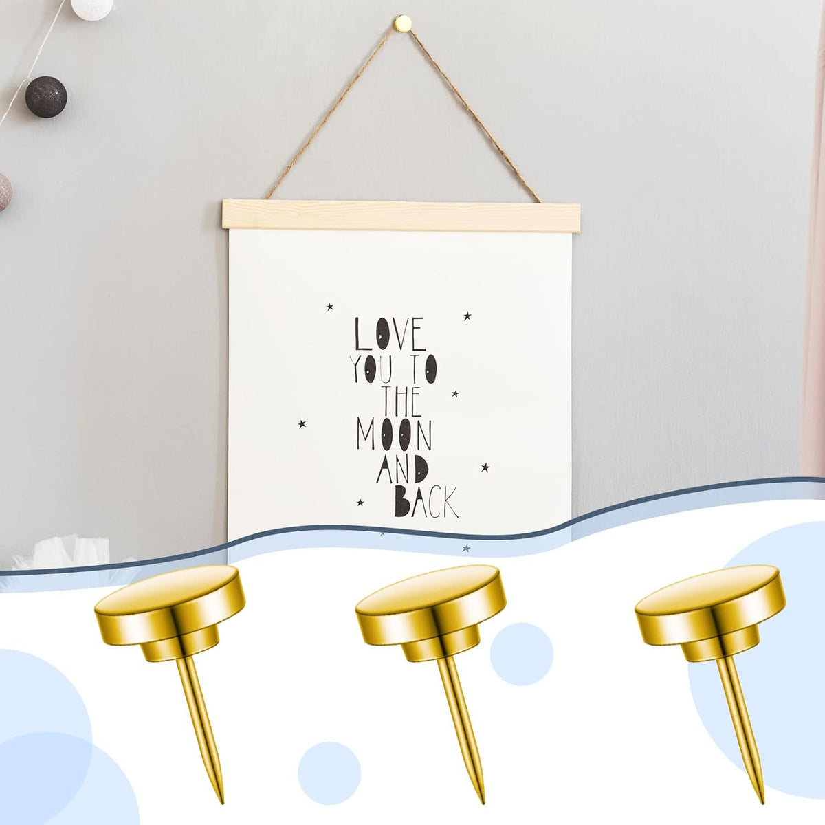 30 Pieces Push Pins, Metal Thumb Tacks for Picture Photo Hanging, Wall Pins for Board Posters Bulletin Maps, Wall Tack for Office Home Decorative (Gold)