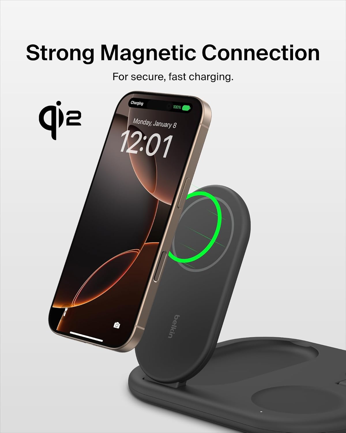Belkin 3-in-1 MagSafe-Compatible iPhone Charger 15W, Foldable Magnetic Qi2-Certified Wireless Charging Station for iPhone 17, Apple Watch Series 10, AirPods 4, Pixel 10, w/Non-Slip Base & PSU - Black