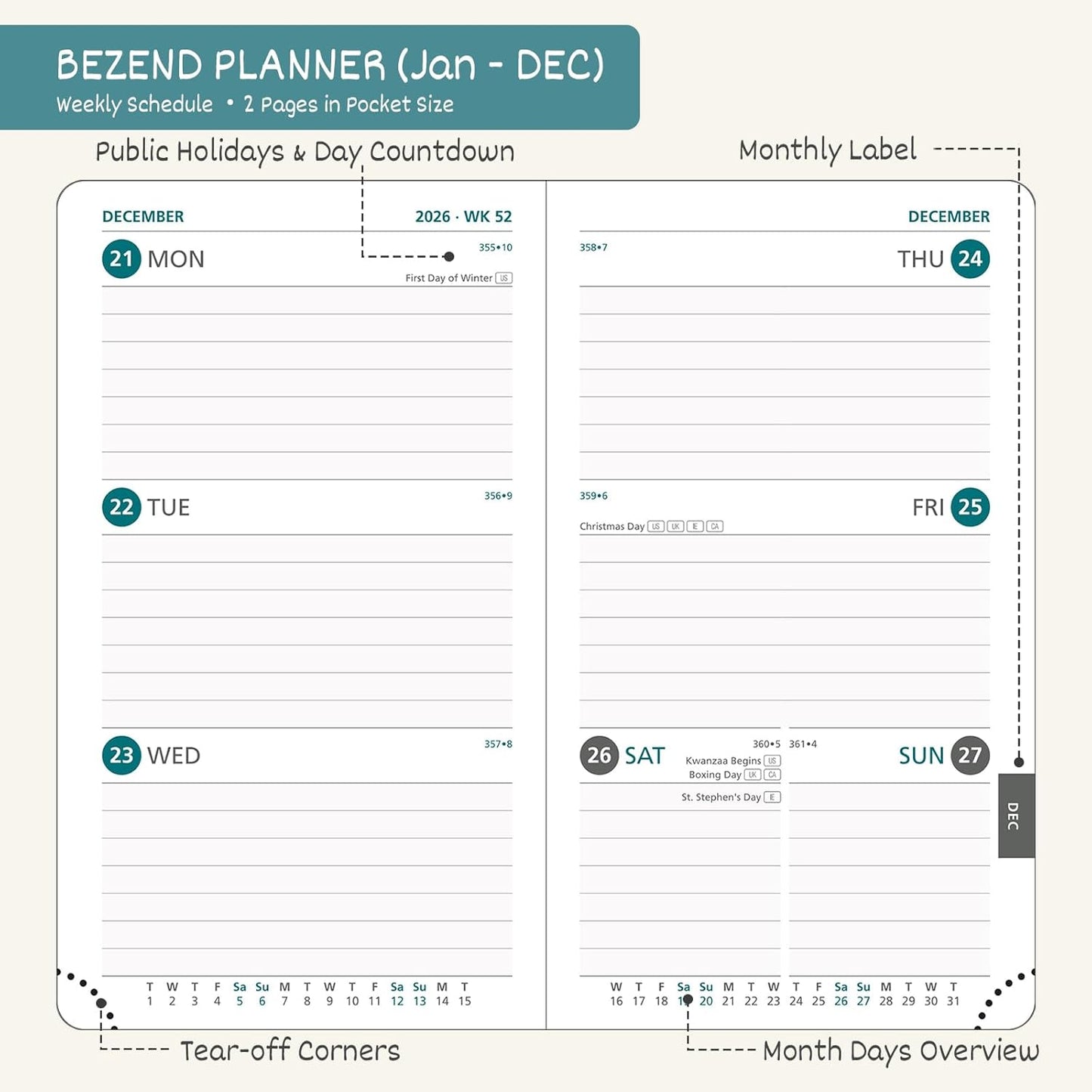 BEZEND Pocket Calendar 2026 Weekly and Monthly (3.5" x 6") Small Daily Planner for Purse (Jan-Dec) with Notes & Expenses, Inner Pocket, Pen Holder, Vegan Leather Hardcover - Dark Green