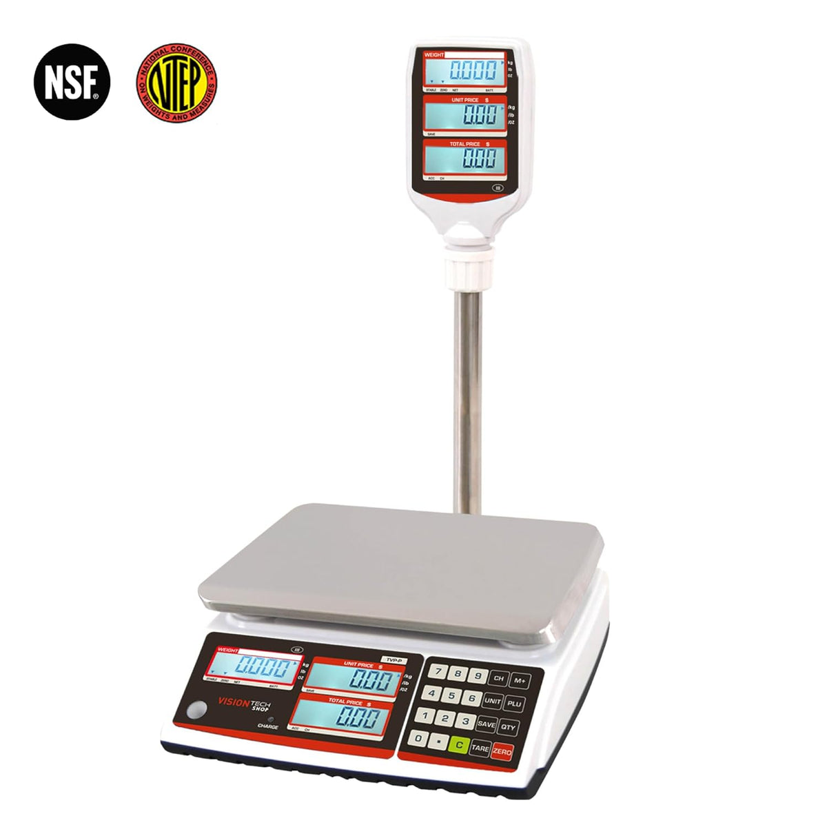 VisionTechShop TVP-12P Price Computing Scale with Pole Display, Lb/Oz/Kg, 12lb Capacity, 0.002lb Readability, NTEP Legal for Trade COC #19-038, NSF Certified