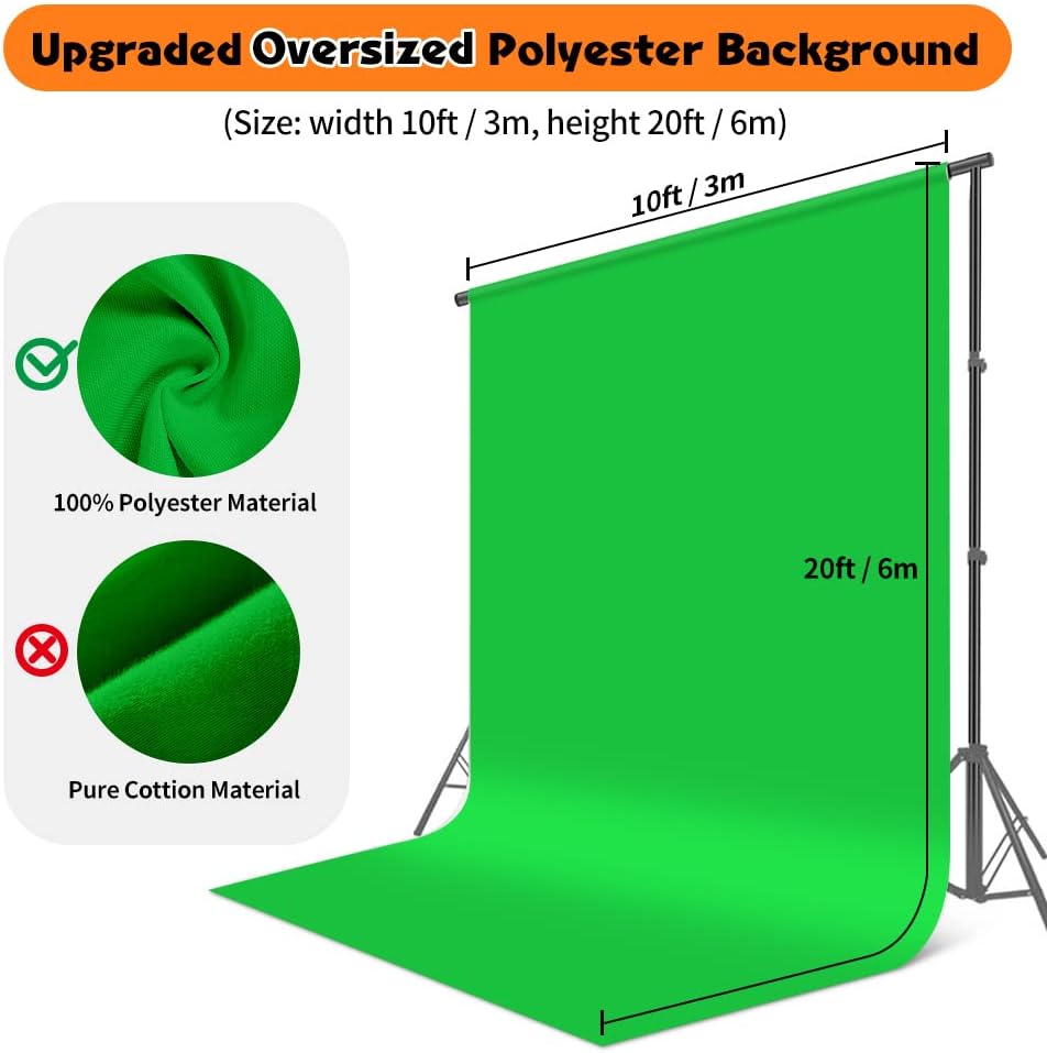 Green Screen Backdrop 10 x 20 ft, Photography Greenscreen Background for Streaming, 3 x 6M Photo Studio 100% Pure Polyester Collapsible Green Backdrop Background for Video Recording