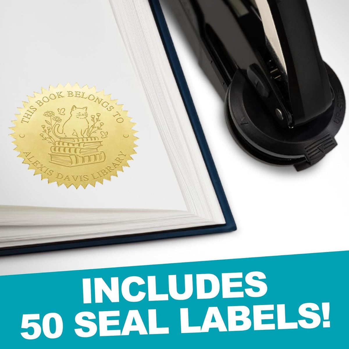 Custom Library Embosser - Style 106 - Embosser, Wood Stamp or Self Inking Stamp - Book Embosser Includes 50 Gold Seals - Custom Stamp Seal from The Library of