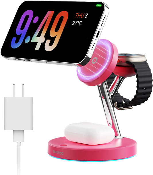 3 in 1 Charging Station Compatible with Mag-Safe Charger Wireless Charger Stand for iPhone 16 15 14 13 12 Series Wireless Charging Station for AirPods Wireless Charging Stand for iWatch Series (Red)