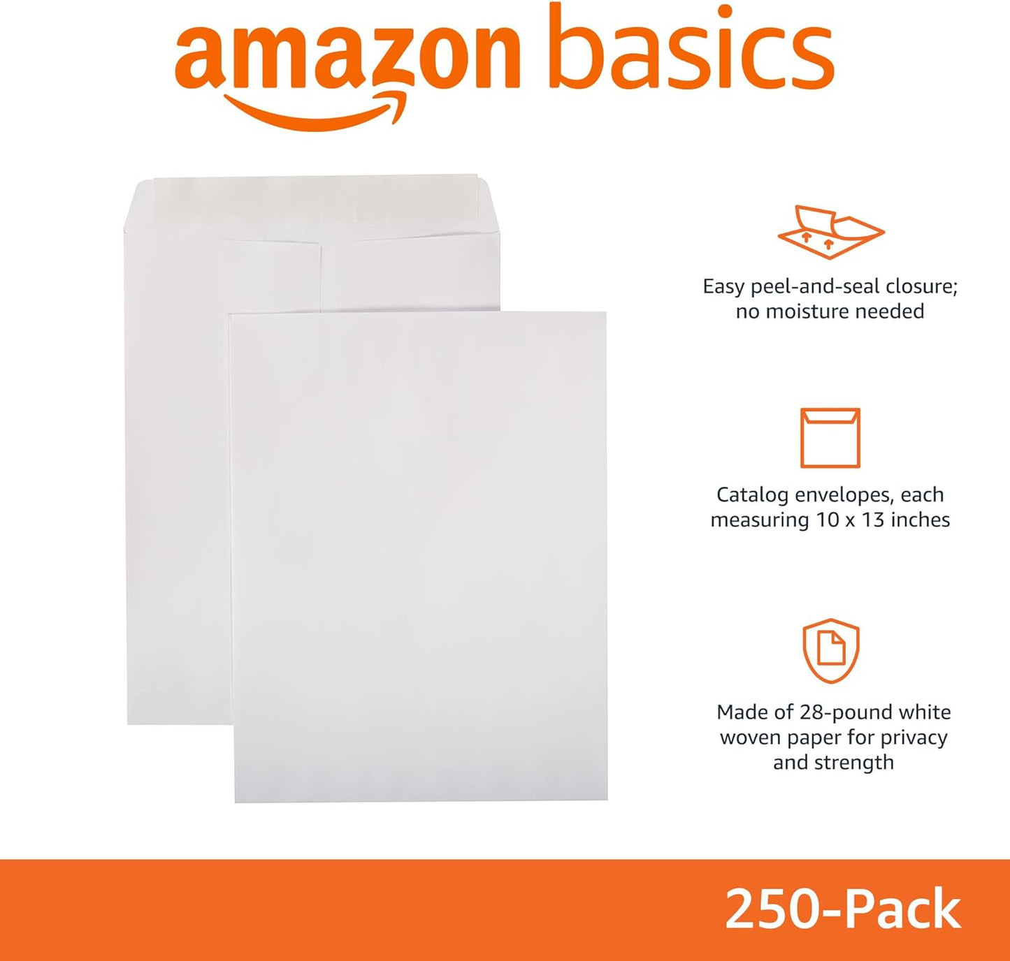 Amazon Basics Catalog Mailing Envelopes, Peel and Seal, 10x13 Inch, White, 250-Pack