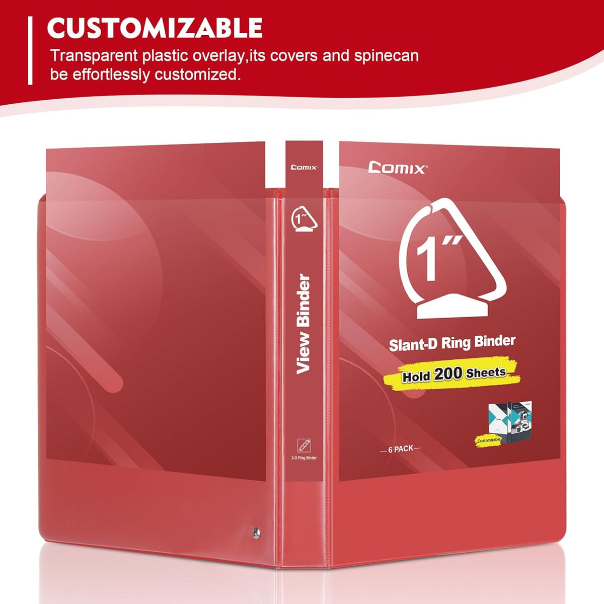 COMIX Sturdy 1 Inch Binders 3 Ring with Clear View Cover, 1" Slant-D Ring View Binder Holds 225 Sheets of US Letter Size Paper, 6 Pack (Red)