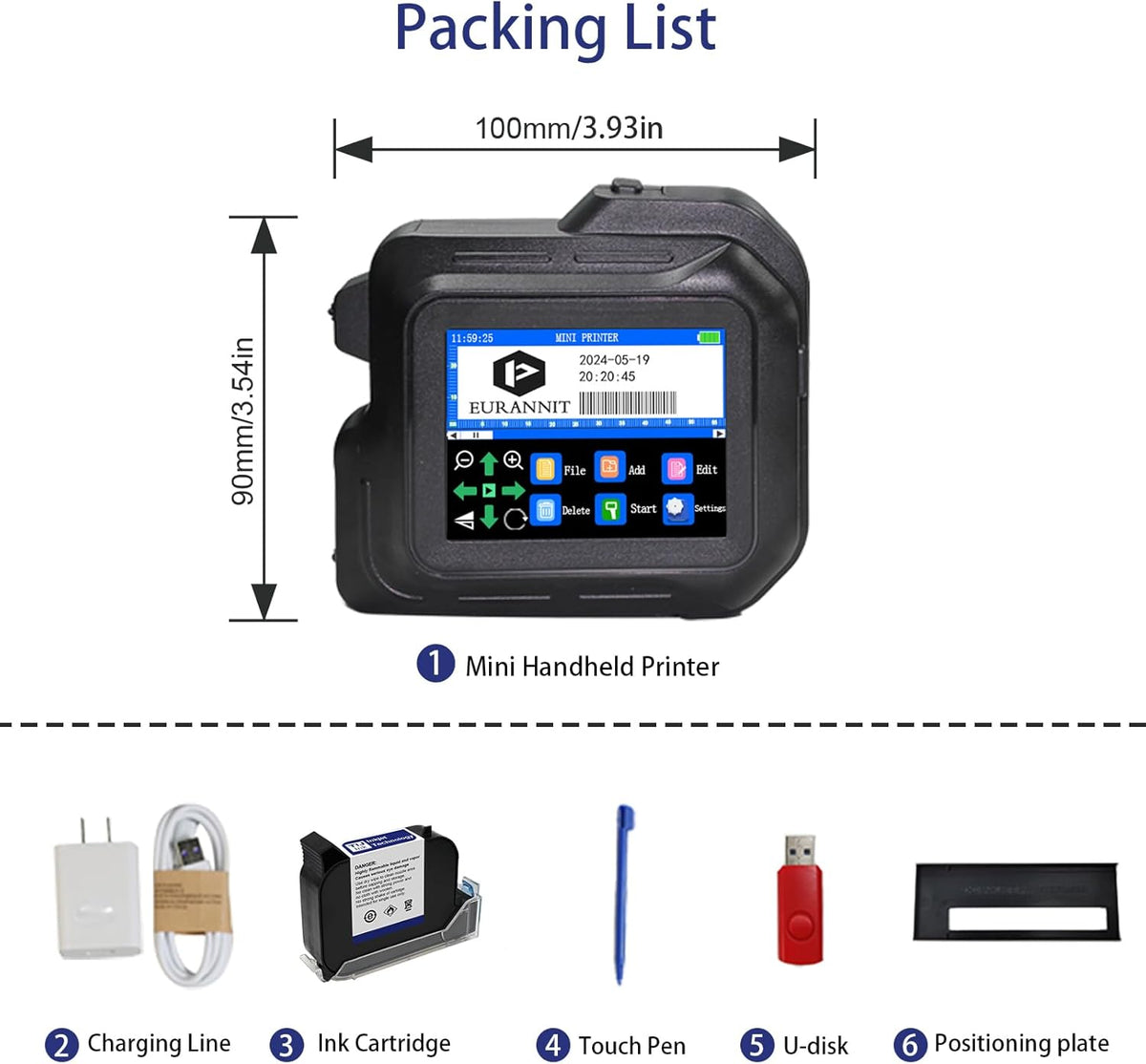 Mini Handheld Inkjet Printer, 0.5" Nozzle, 2.8" Touch Screen, Portable, Black, Monochrome, 600 dpi, 8 ppm, Simplex, USB-C, Water-based Ink, Industrial Use