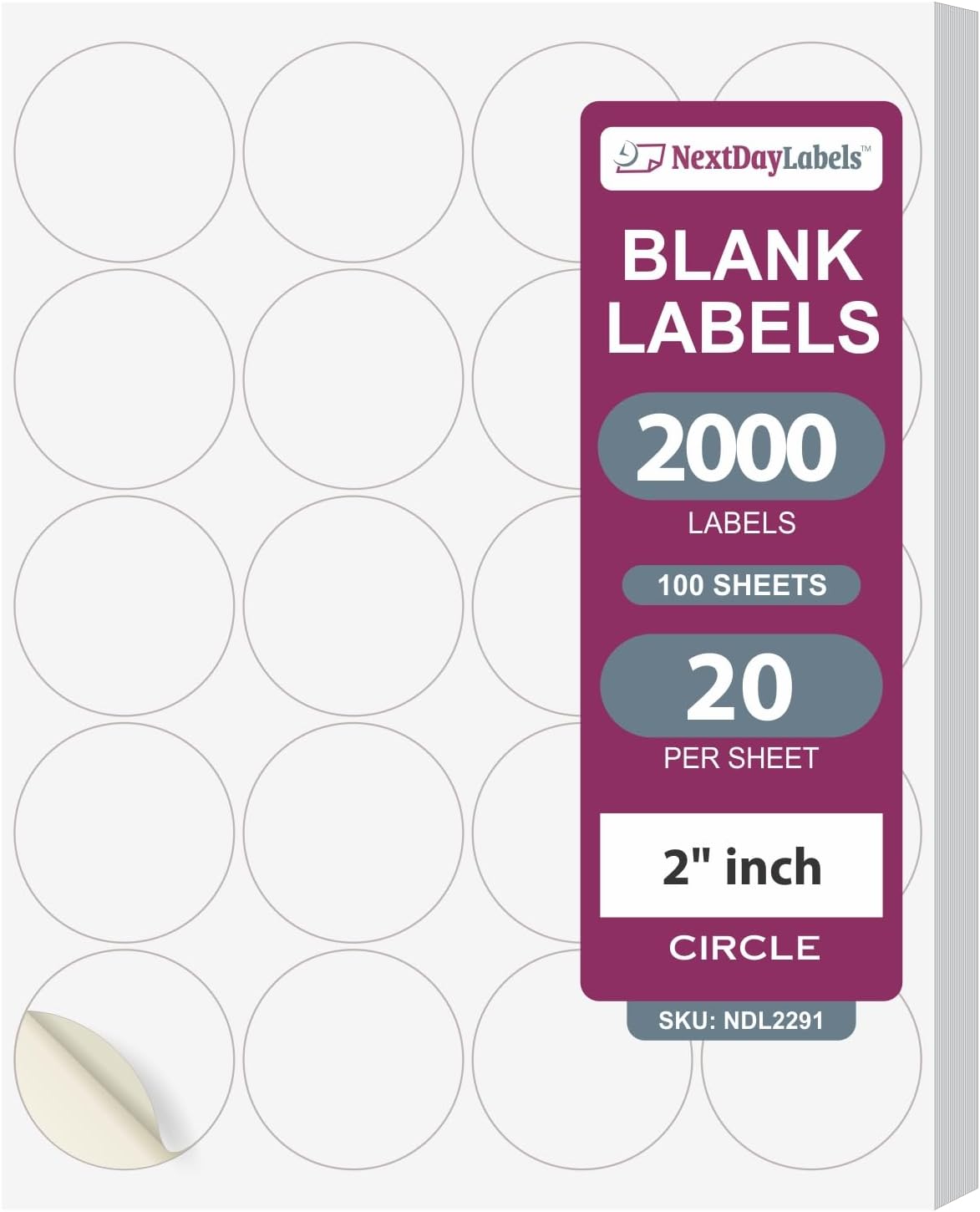 NextDayLabels - Laser/Ink Jet White Labels (2" Round for None Bleed Printing - 20 Per Page | 2000 Labels)