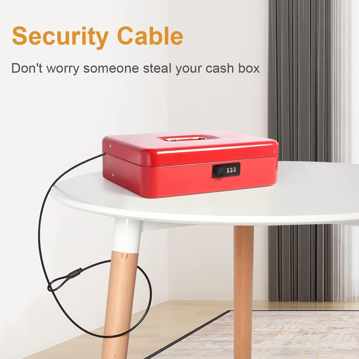 Jssmst Large Locking Cash Box with Money Tray, Metal Money Box with Combination Lock Cash Safe with Security Cable, Red