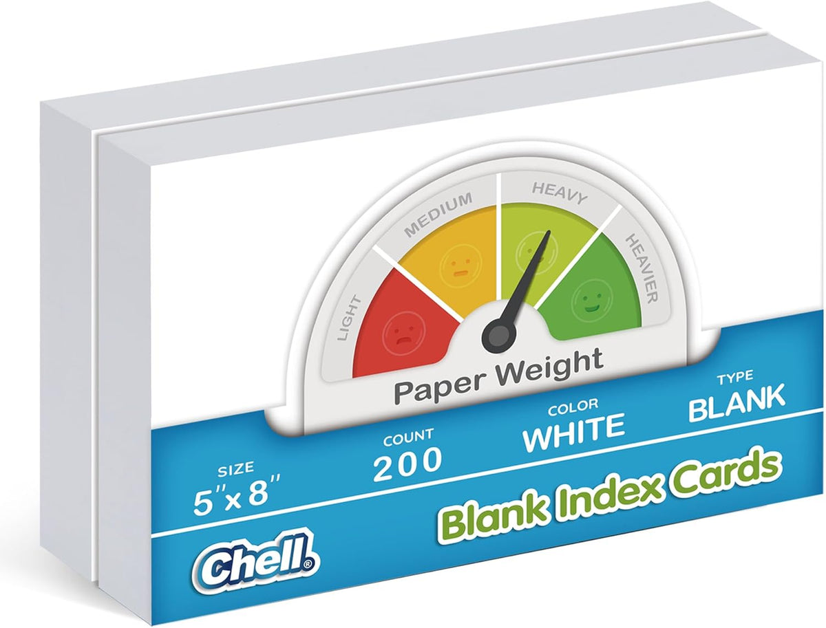 Chell 200 Count Blank Index Cards 5x8 Inch Heavyweight, No Bleed-Through, Double Side Unlined, 74 lb. Cover Weight, White