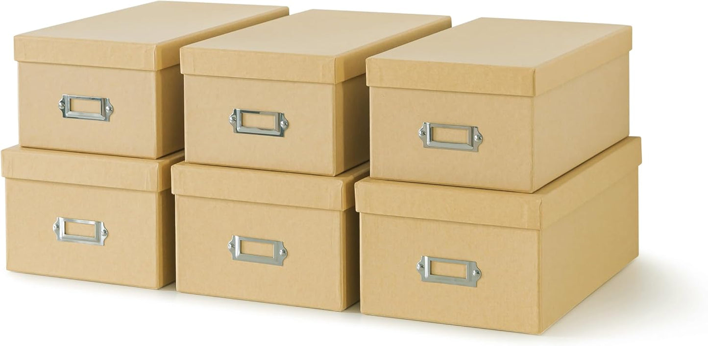 Soul & Lane Kraft Storage Boxes - Set of 6 (3 Large, 3 Medium), Keepsake Memory Storage Boxes with Lids, Cardboard Organizers with Label Holders for Photos, Crafts, Decoupage & Collectibles