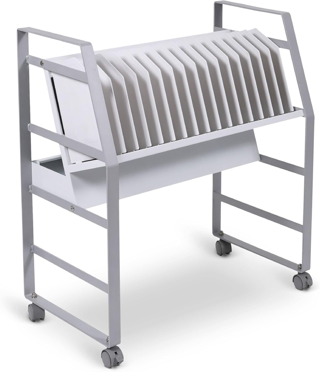 Line Leader 16-Device Mobile Charging Station | Steel Rolling Cart for Laptops, Tablets, & Chromebooks | Open Design with Dividers & UL-Certified Surge Protection | Portable Charging Stand (White)