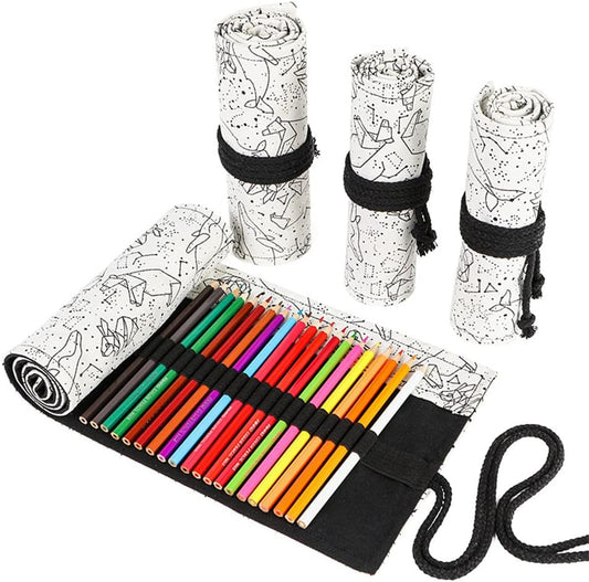 DIYOMR 24/36/72 Slots Pencil Wrap Pencil Rolls, Artist Colored Pencils Roll Up Bag Short Brushes Pouch Case Pencils Organizer for Drawing Coloring and Sketching (White Starry Sky, 72slots)