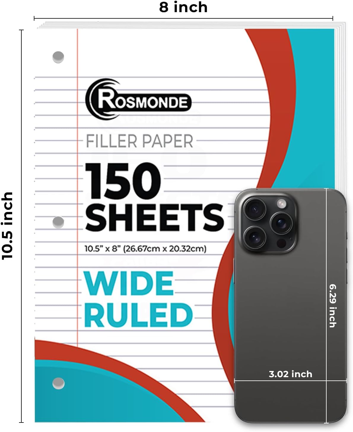 Bulk 3600 Sheets Loose Leaf Binder Filler Paper, Wide Ruled, Bulk Notebook Paper, 8 x 10.5", Loose Leaf Sheets, 3 Hole Punched, 24 Pack, 150 Sheets/Pack, Filler Papers, White