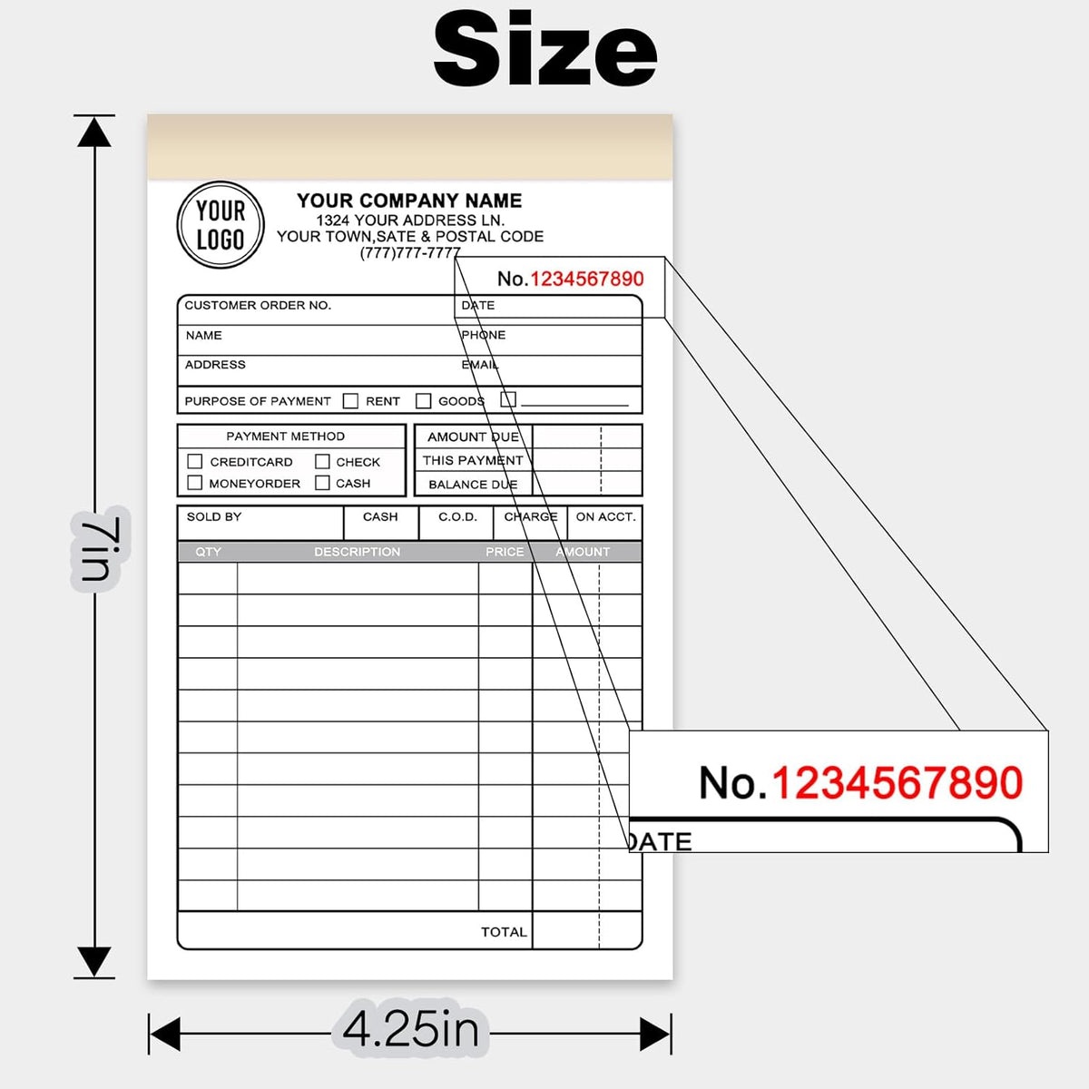 Custom Invoice Receipt Book for Small Business 4.25x7" Personalized 2-Part Contractor Duplicate Carbonless Sales Forms with Company Name Address Phone Number 100 Sets