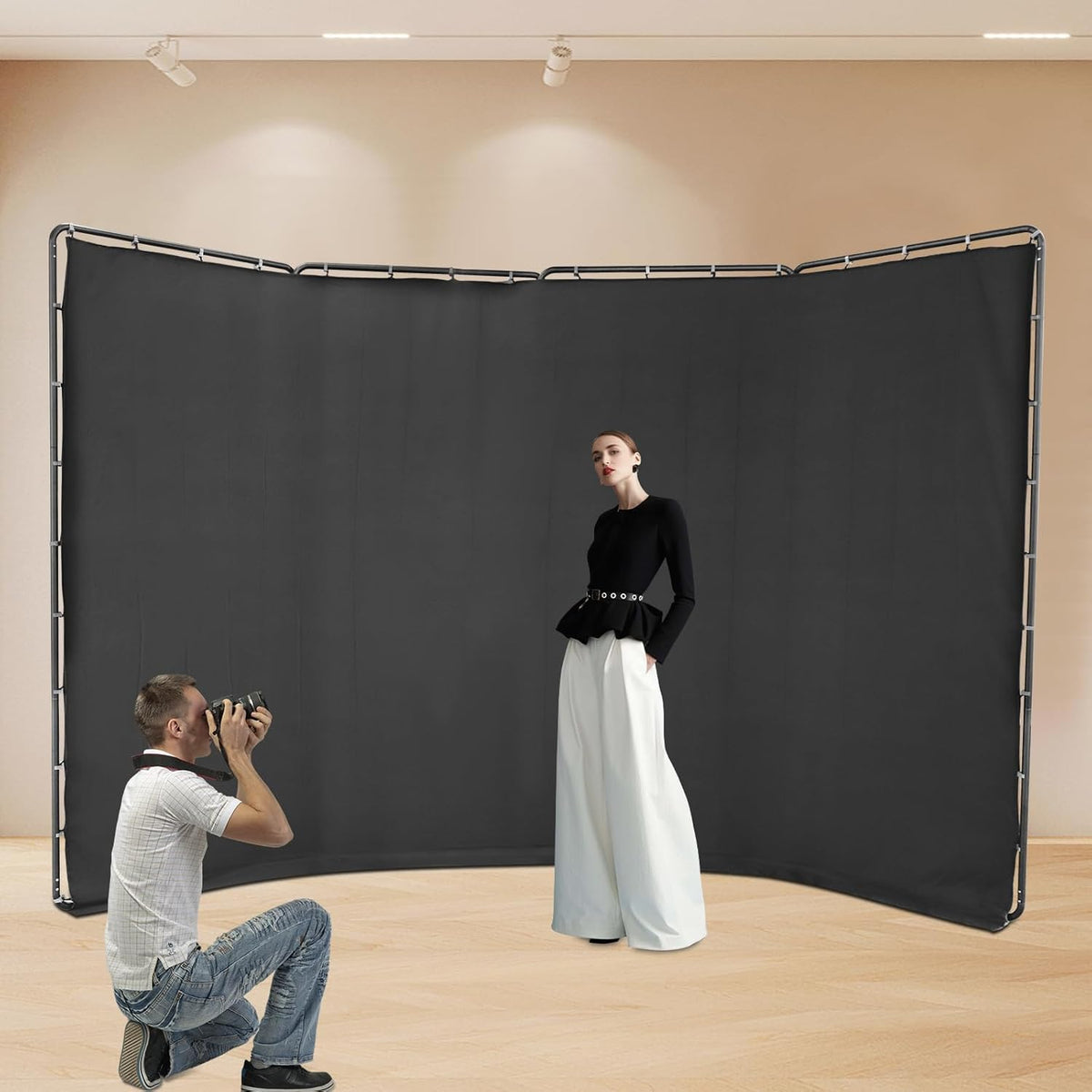 7.87ft x 13.12ft Large Green Screen Backdrop with Stand, Portable Foldable Photography Backdrops Large Collapsible Backdrop System for Photo Studio Video Shooting, Live Streaming (Black)