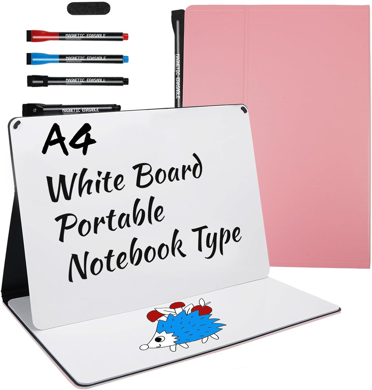 Small Portable White Board Dry Erase Notebook, 9" x 12" Double Sided Folding Whiteboards with 3 Pens, A4 Reusable Notebook with Storage Mesh Bag for Study, Meeting, Draft, Notes, Doodling