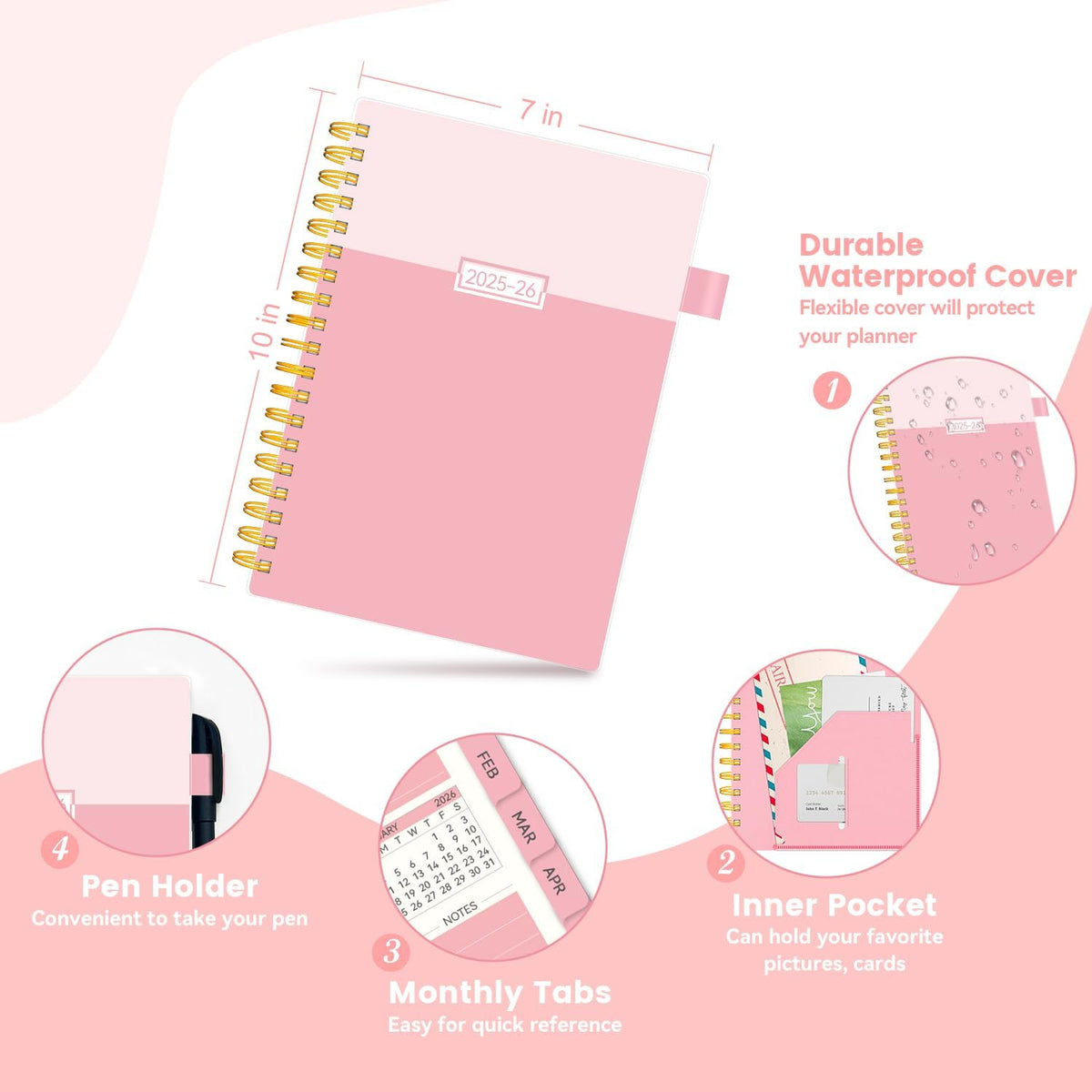 Planner 2025-2026, Academic Planners for Teacher & Student, AIMPEAK Weekly & Monthly Calendar Planner for Women, Daily Planners run from Jul.2025 - Jun.2026, Monthly Tabs, Spiral Binding, Pink, 7"x10"